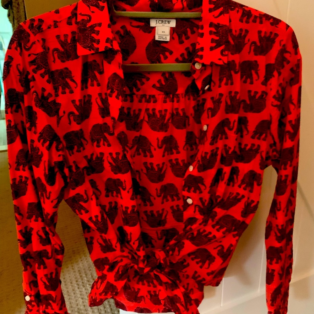 Cute elephant print tie front button down shirt
